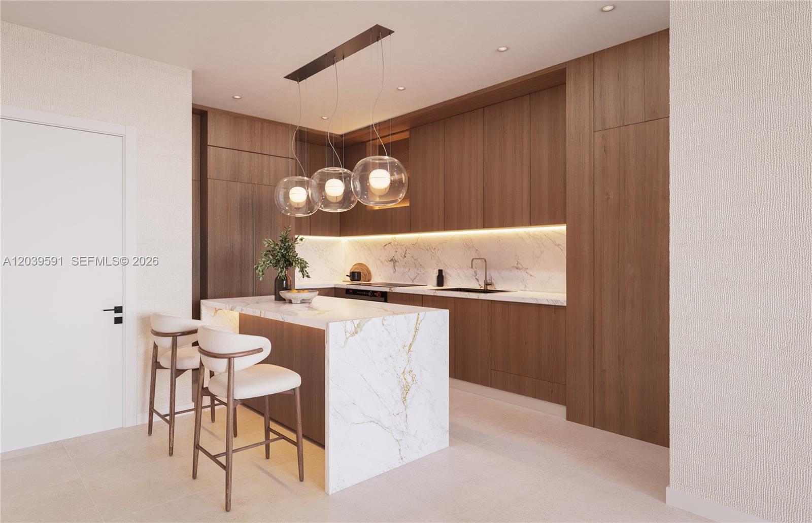 This rendering shows a modern kitchen with wood cabinetry, marble countertops, and a breakfast island — 2520 NE 191st St # 504, Miami FL 33180, MIAMI, FL