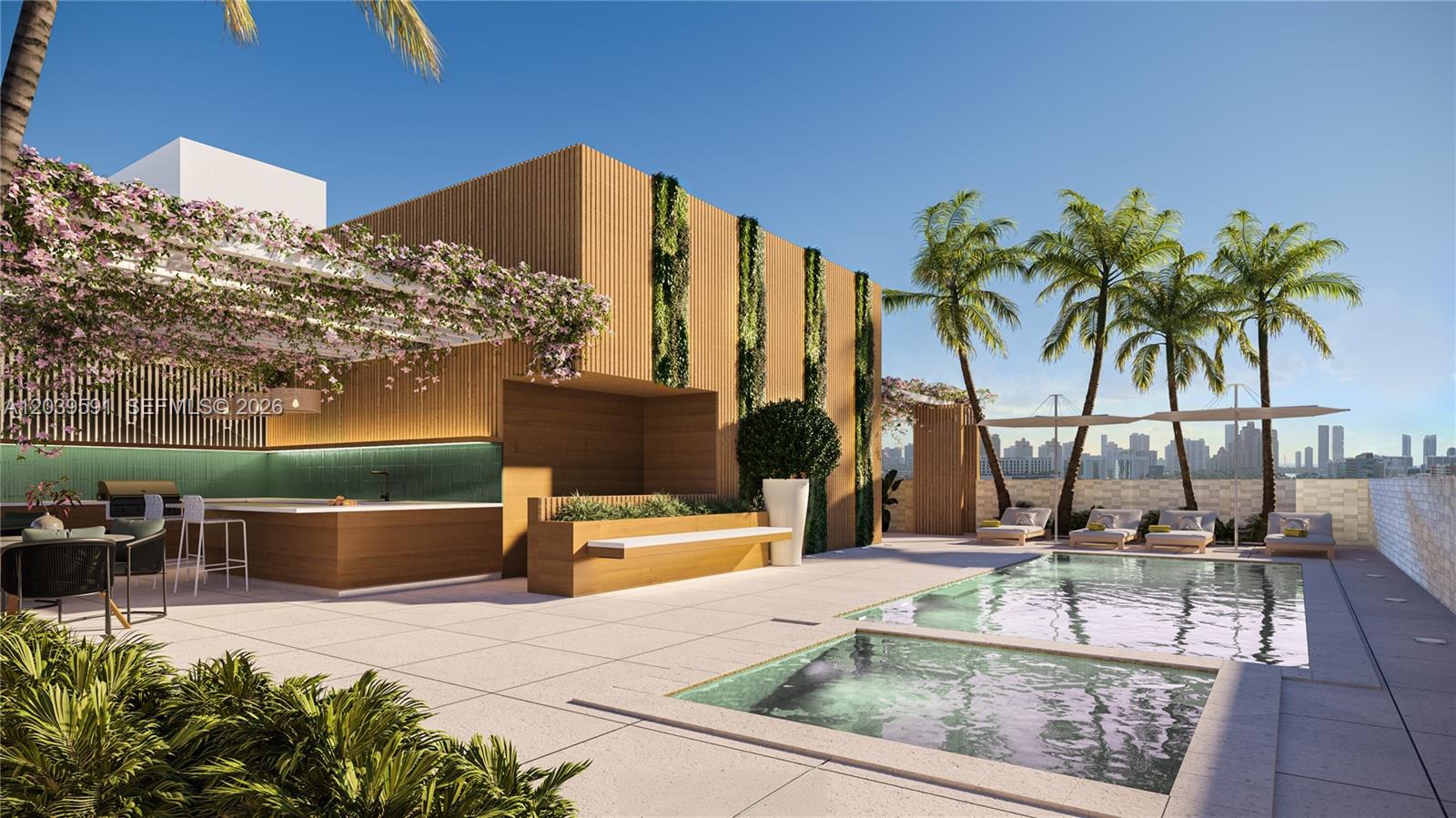 This architectural rendering shows a rooftop terrace with a pool, outdoor kitchen, and lounge area — 2520 NE 191st St # 504, Miami FL 33180, MIAMI, FL