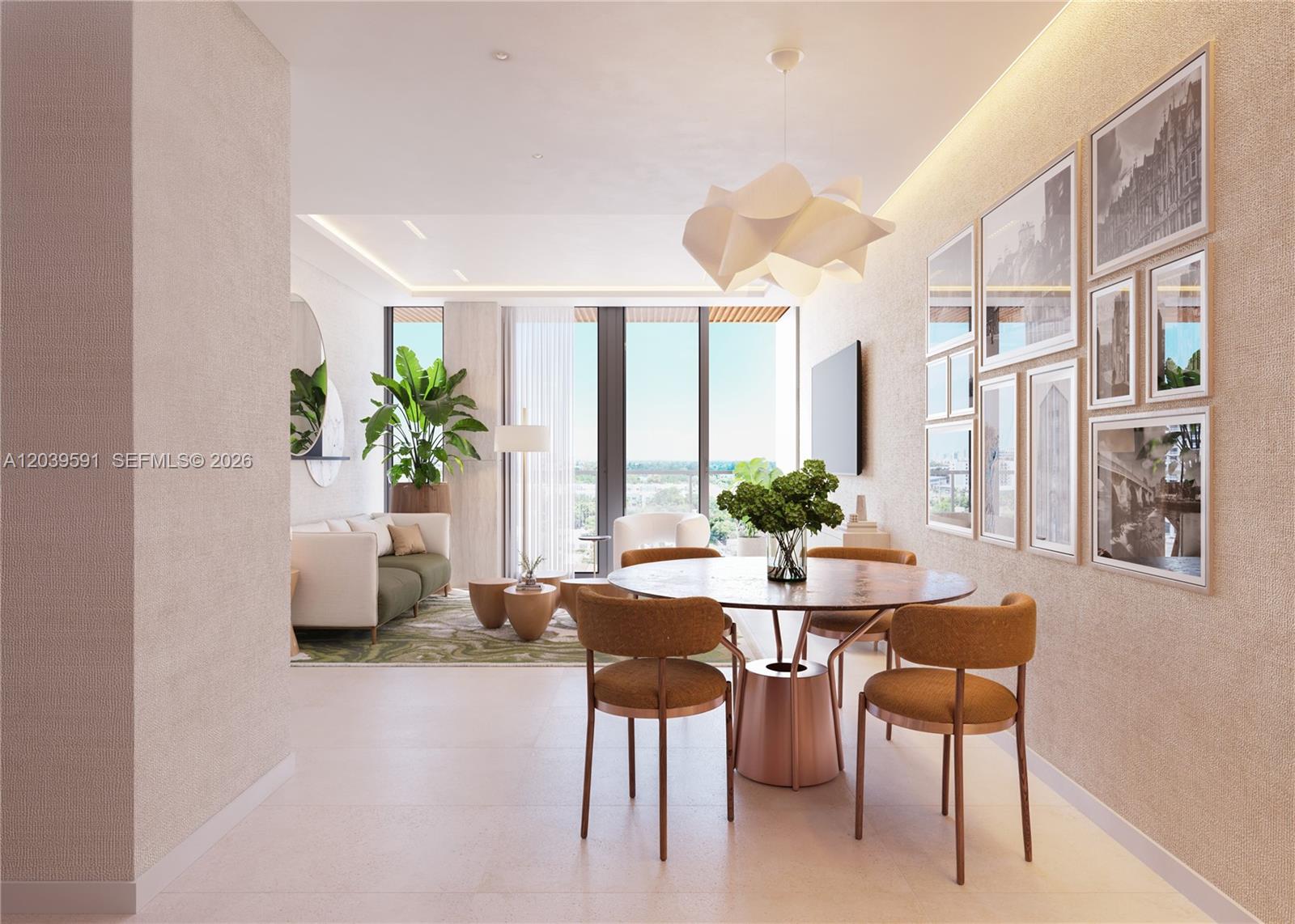 This rendering shows a modern dining and living area with neutral walls and large windows — 2520 NE 191st St # 504, Miami FL 33180, MIAMI, FL