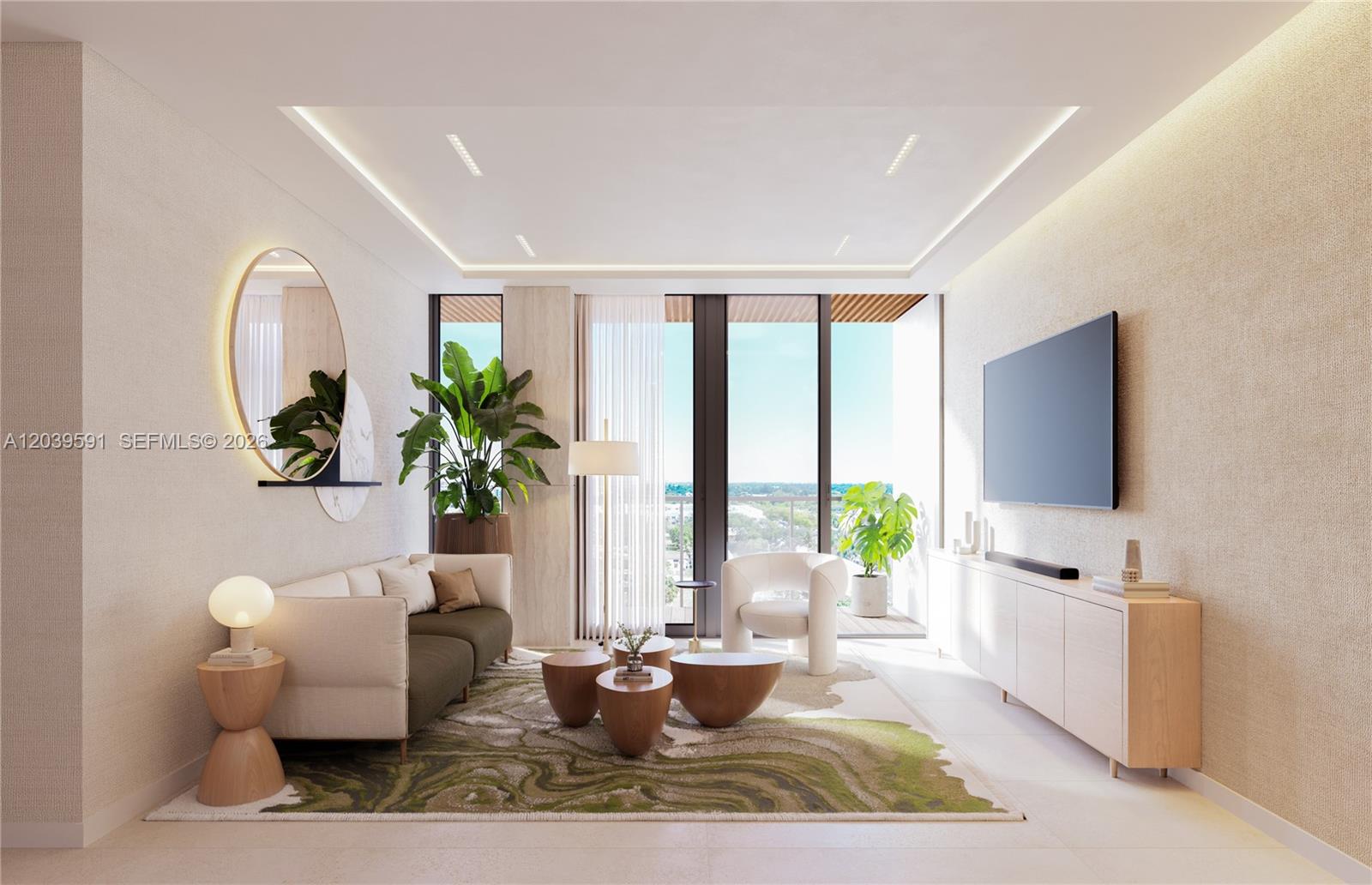This rendering shows a modern living room with a sofa, television, and balcony access — 2520 NE 191st St # 504, Miami FL 33180, MIAMI, FL