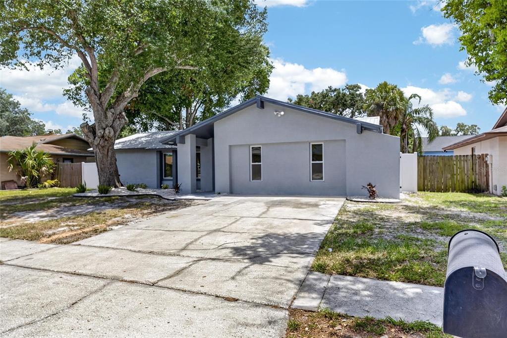 A single-story gray house with a concrete driveway, a large tree, and a mailbox — 3624 COPPERTREE CIRCLE, BRANDON, FL