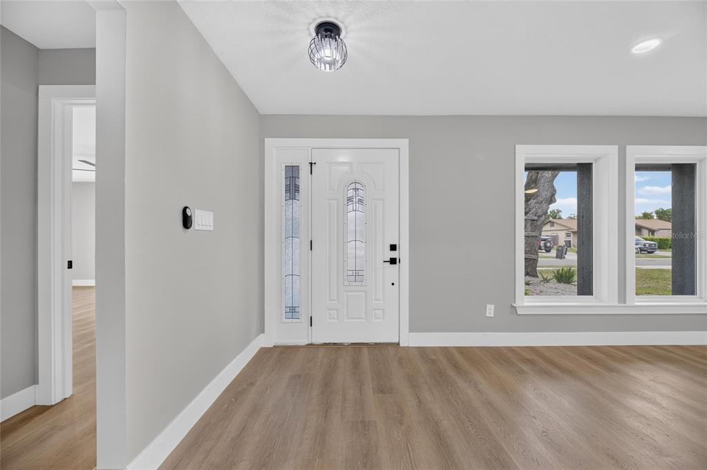 An entryway with light gray walls, wood-look flooring, a white front door, and a ceiling light — 3624 COPPERTREE CIRCLE, BRANDON, FL