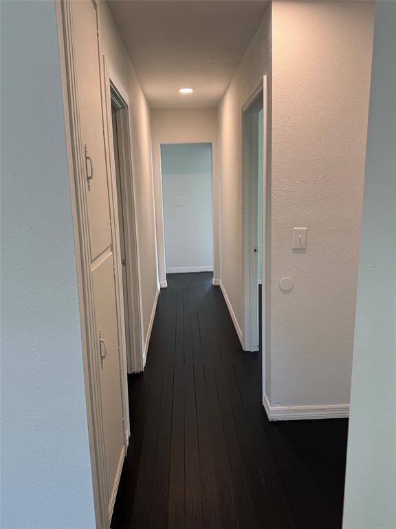 A hallway with dark wood flooring leads to a doorway at the end — 3824 AUTUMN PALM DRIVE, ZEPHYRHILLS, FL