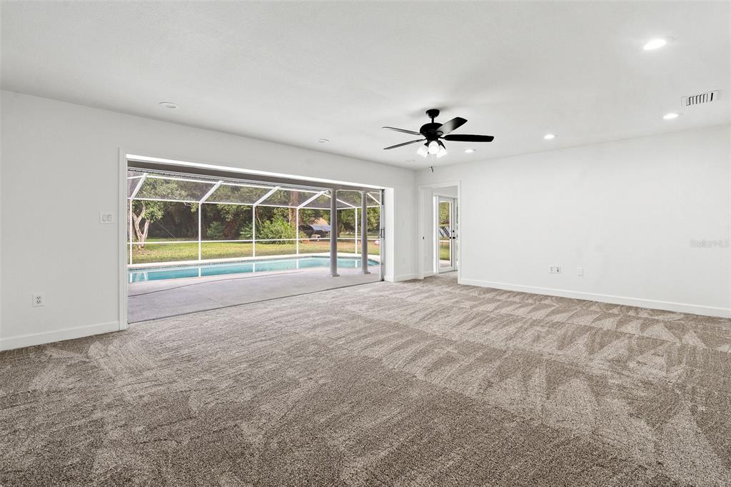 A carpeted living room features a large sliding glass door opening to a screened pool — 1106 HUMMINGBIRD LANE, BRANDON, FL