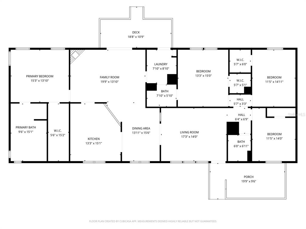 This is a floor plan of a single-story house with four bedrooms and a deck — 14221 HURRICANE DRIVE, WEEKI WACHEE, FL
