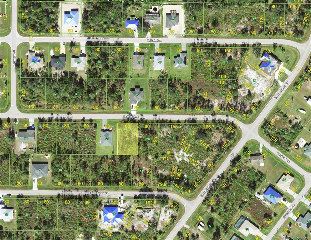 This is an aerial map showing residential lots and streets in a suburban neighborhood — 22165 SEATON AVENUE, PORT CHARLOTTE, FL
