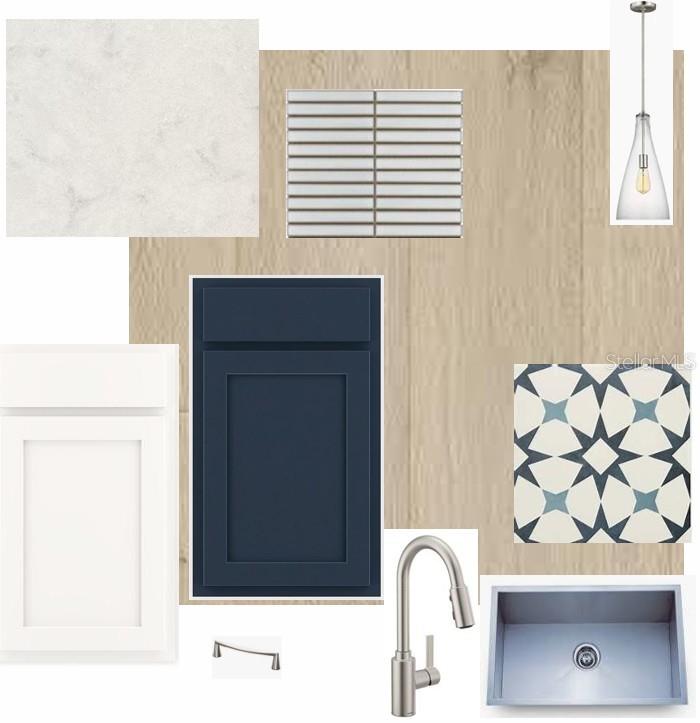 This interior design mood board displays kitchen cabinet, countertop, tile, and fixture samples — 5180 SEA BRANCH AVENUE, APOLLO BEACH, FL