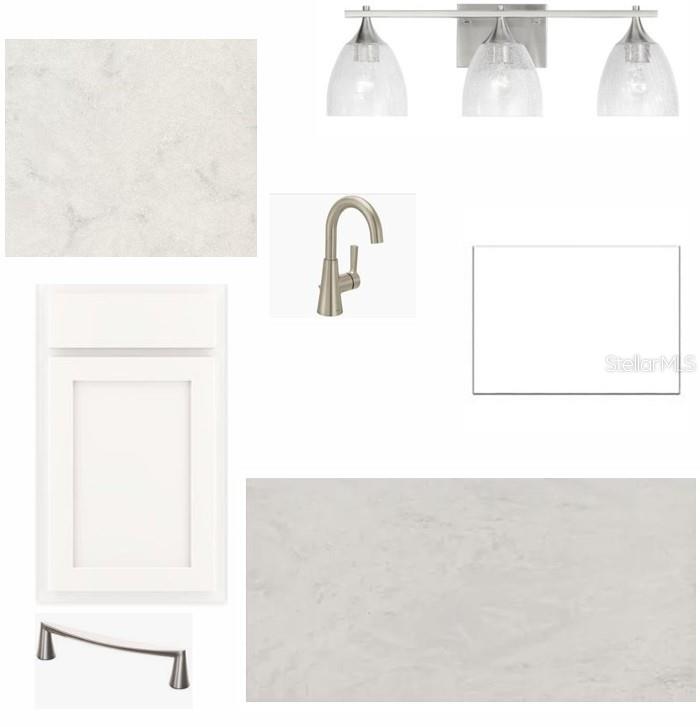 This digital rendering displays a bathroom design board featuring white cabinetry, countertops, and fixtures — 5180 SEA BRANCH AVENUE, APOLLO BEACH, FL