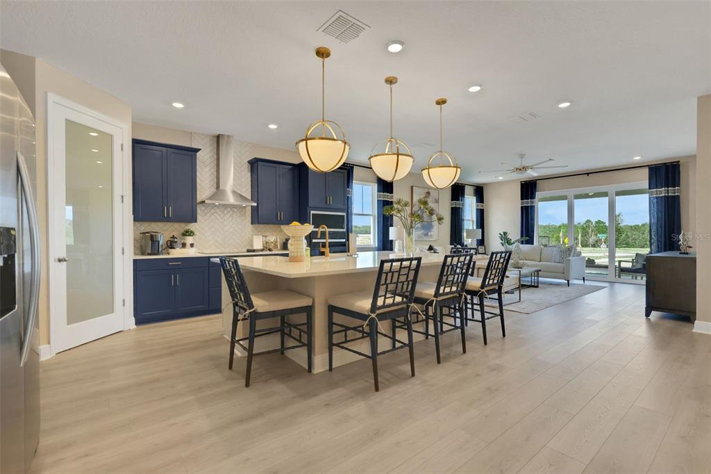 A kitchen with blue cabinets, a large island with bar stools, and an adjacent living area — 17320 WILD DAISY DRIVE, WINTER GARDEN, FL