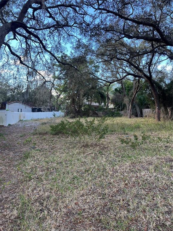 A vacant, grassy residential lot features large mature trees and a white vinyl fence — FORDE AVENUE, TARPON SPRINGS, FL