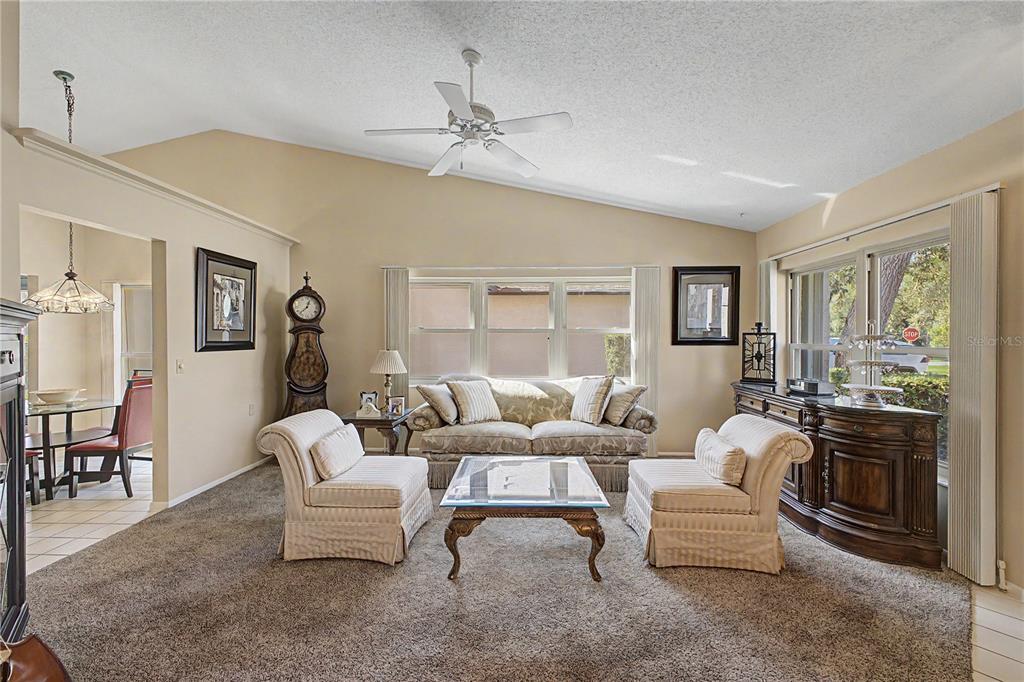 A living room features a vaulted ceiling, carpeted flooring, a sofa, two chairs, and windows — 2662 APPLELEAF COURT, SPRING HILL, FL