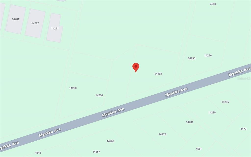 This is a map showing a red location pin on a plot of land — 14276 MYAKKA AVENUE, PORT CHARLOTTE, FL