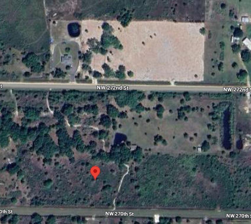 This is an aerial map view showing a large, undeveloped plot of land with vegetation — 16431 NW 270th Street, Okeechobee FL 34972, OKEECHOBEE, FL
