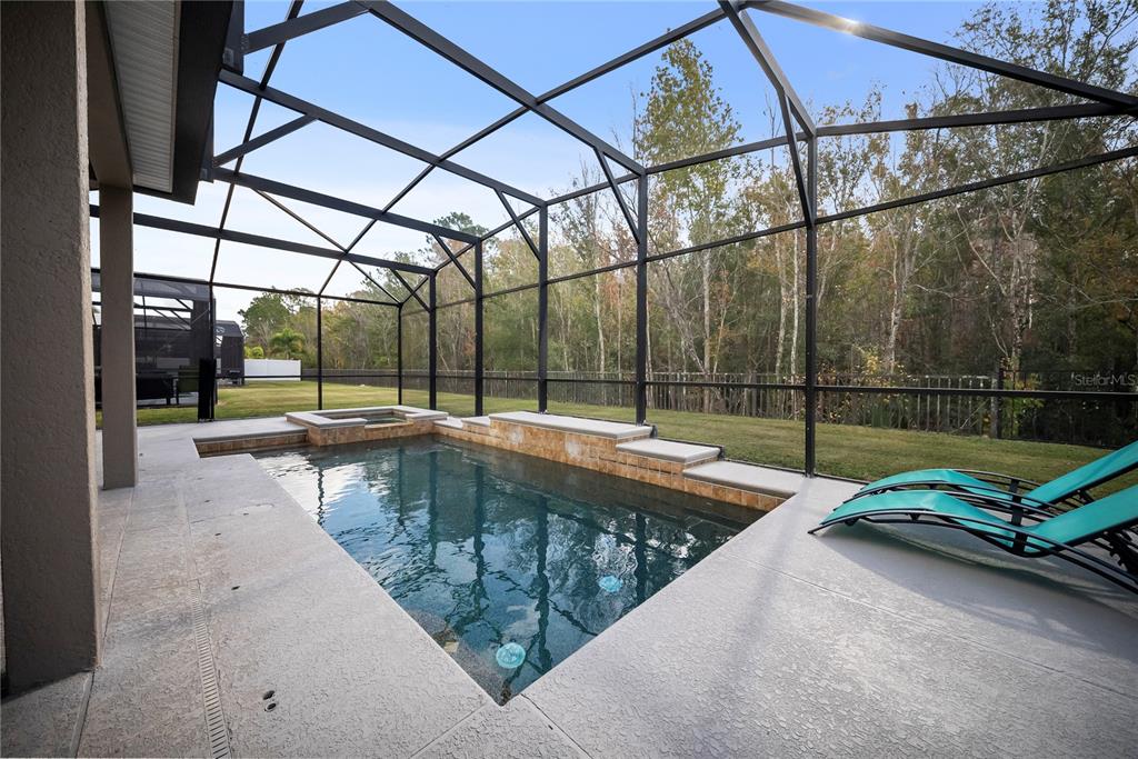A screened-in patio features a rectangular swimming pool with an integrated spa and stone accents — 4736 BLUE DIAMOND STREET, KISSIMMEE, FL