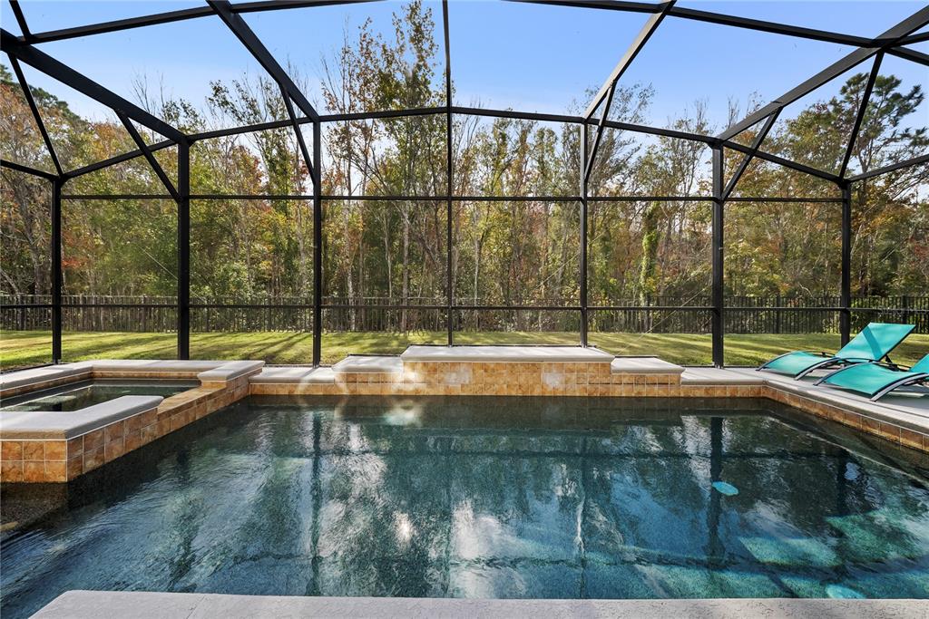 A swimming pool and spa are enclosed by a screen cage overlooking a wooded yard — 4736 BLUE DIAMOND STREET, KISSIMMEE, FL
