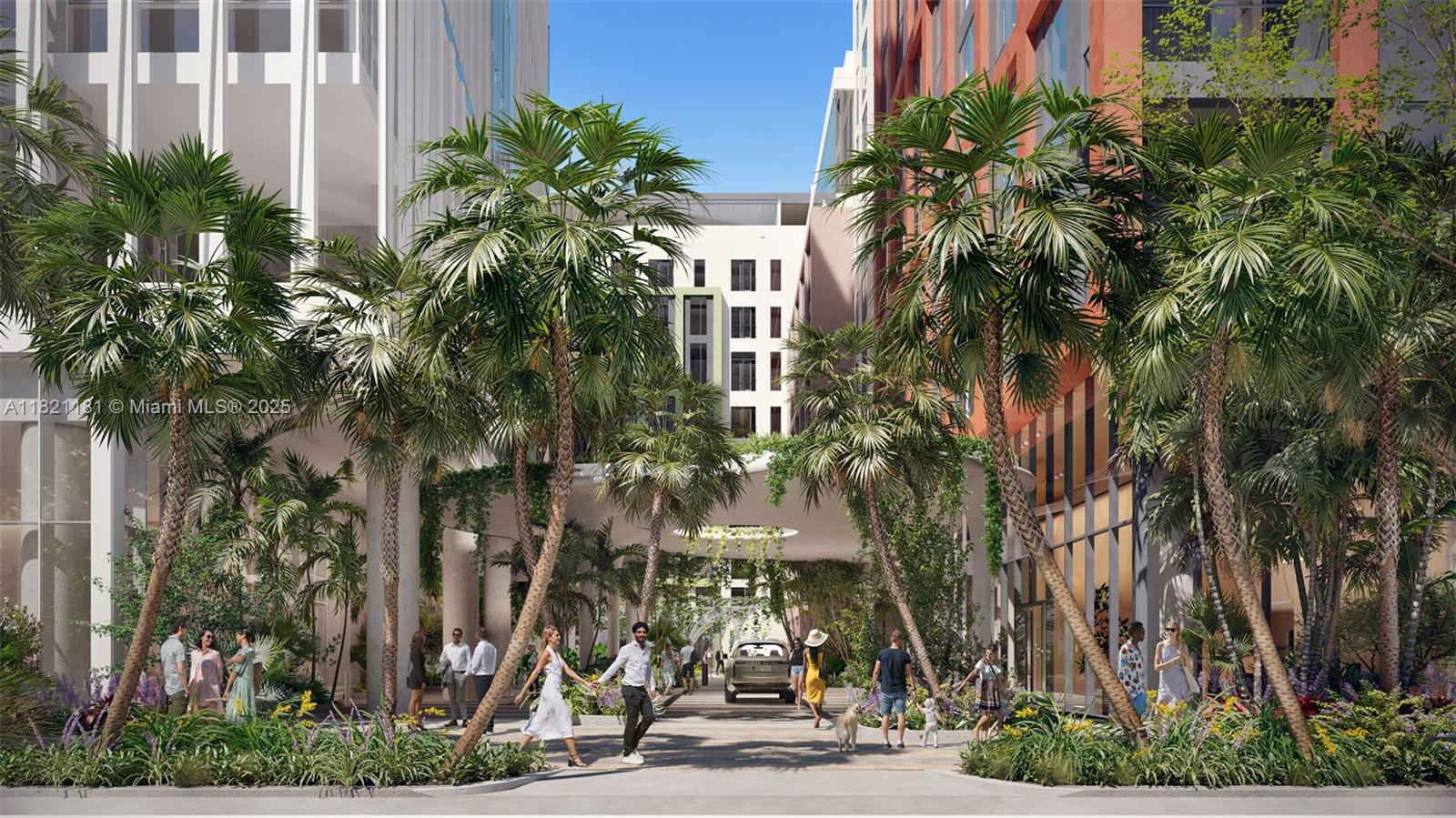 This architectural rendering shows a landscaped pedestrian walkway between two modern buildings with palm trees — 55 NW 29th Street, Miami FL 33127, MIAMI, FL
