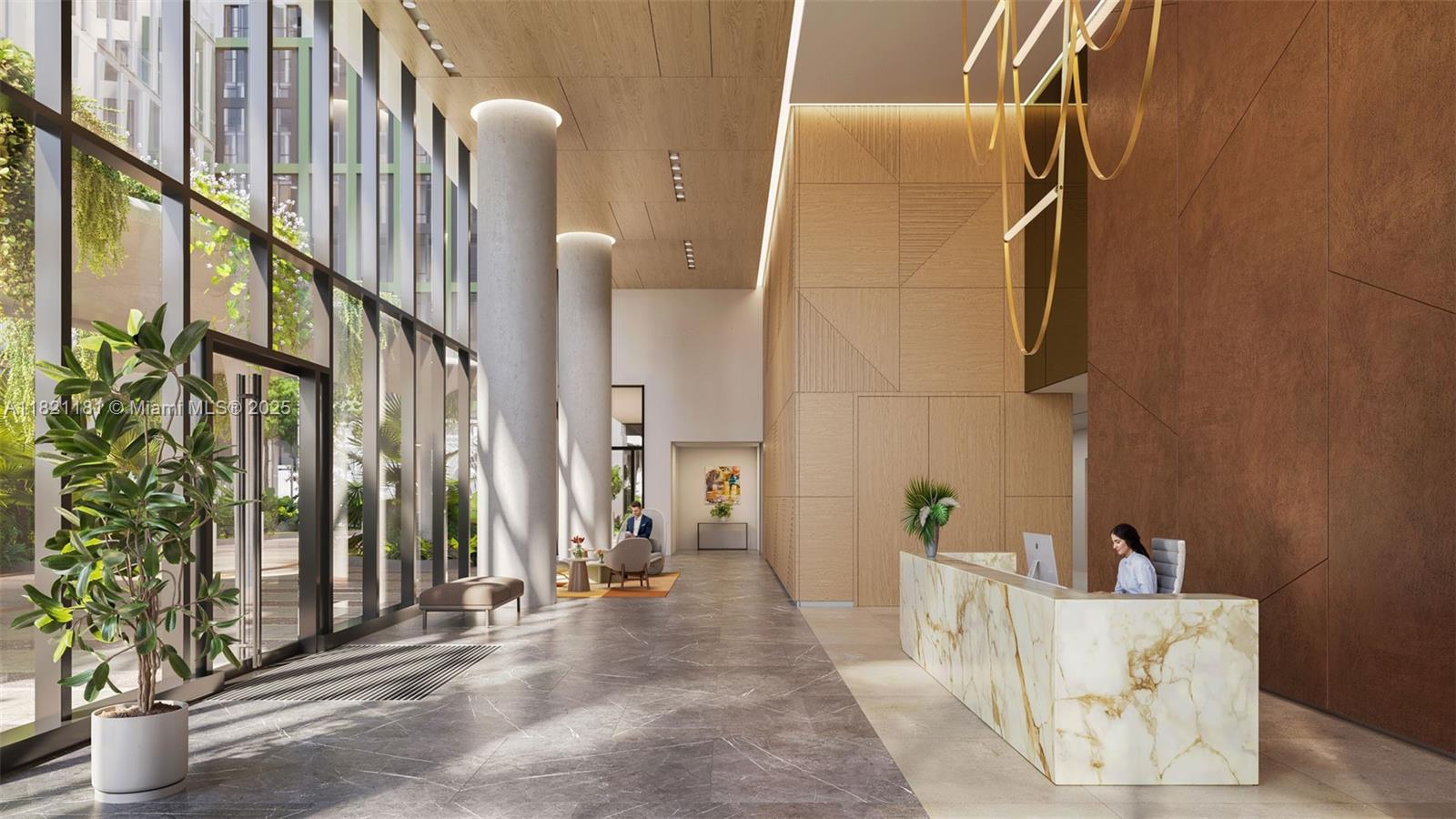 This rendering shows a modern lobby with a marble reception desk, wood paneling, and columns — 55 NW 29th Street, Miami FL 33127, MIAMI, FL
