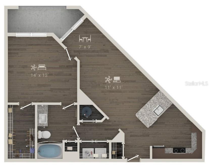 This is a floor plan rendering of a one-bedroom apartment with an open-concept living area — 1420 LAKEFRONT DRIVE UNIT 7208, SARASOTA, FL