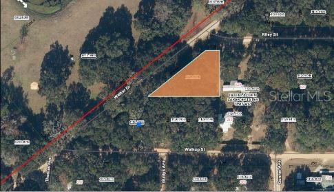 This is an aerial map showing a highlighted vacant lot near a residential street intersection — RILEY STREET, INTERLACHEN, FL