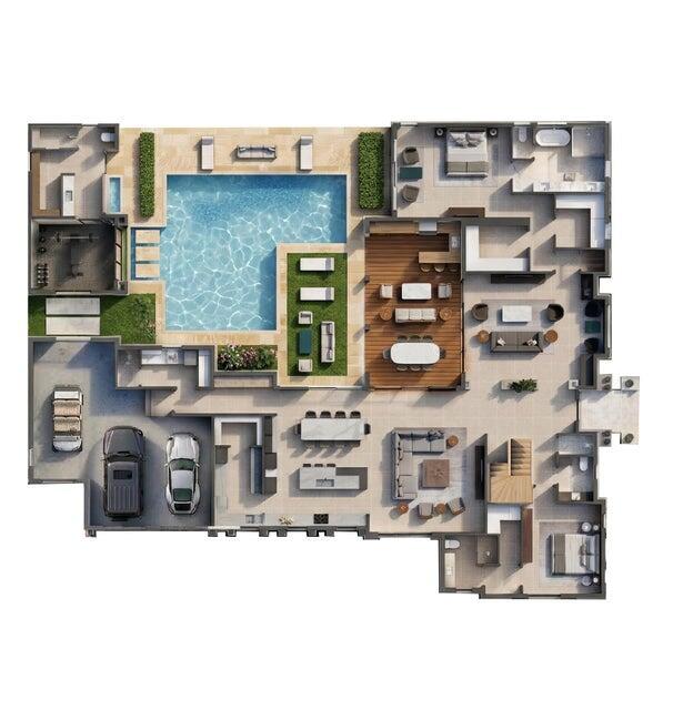 This floor plan rendering shows a luxury home with a pool, garage, and multiple rooms — 514 NE 3rd Avenue, Delray Beach FL 33444, DELRAY BEACH, FL