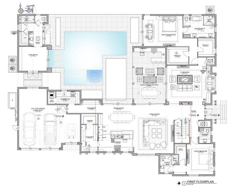 This is a detailed architectural floor plan of a luxury home with a central pool — 514 NE 3rd Avenue, Delray Beach FL 33444, DELRAY BEACH, FL
