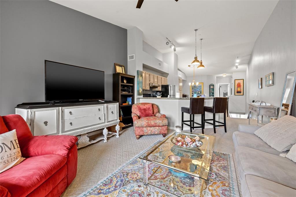 A living room with a red sofa, patterned armchair, television, and an open kitchen area — 1039 NORMANDY TRACE ROAD UNIT 1039, TAMPA, FL