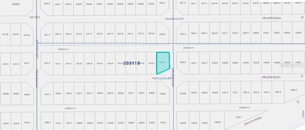 This is a plat map showing a highlighted parcel of land within a residential subdivision — 502 PORTULACA DRIVE, INDIAN LAKE ESTATES, FL