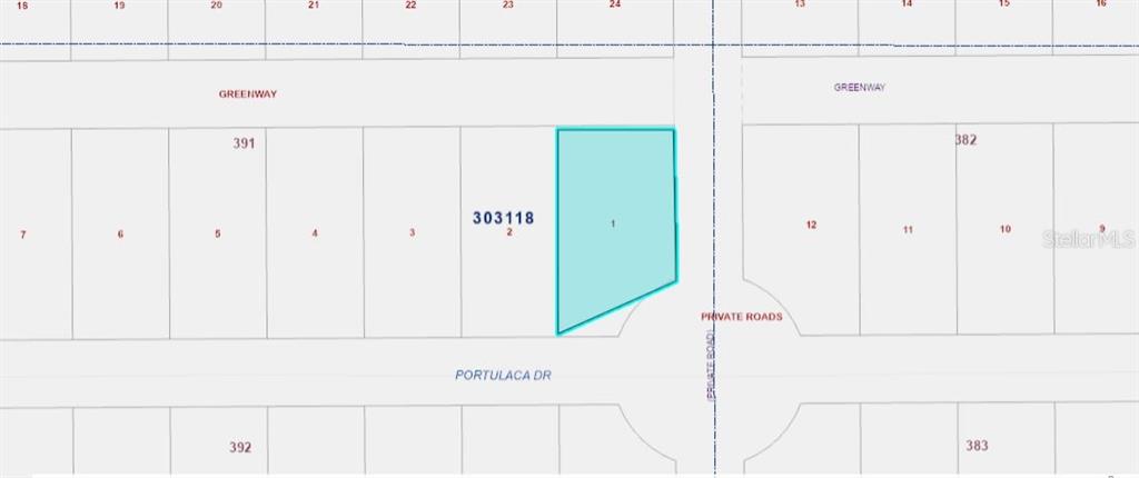 This is a map showing a highlighted parcel of land located at a street corner — 502 PORTULACA DRIVE, INDIAN LAKE ESTATES, FL