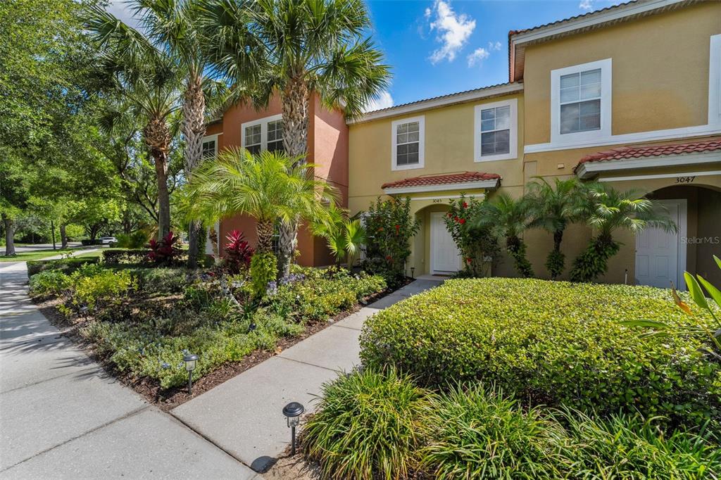 A sidewalk leads to the entrances of two adjacent townhomes with palm trees and landscaping — 3045 YELLOW LANTANA LANE, KISSIMMEE, FL