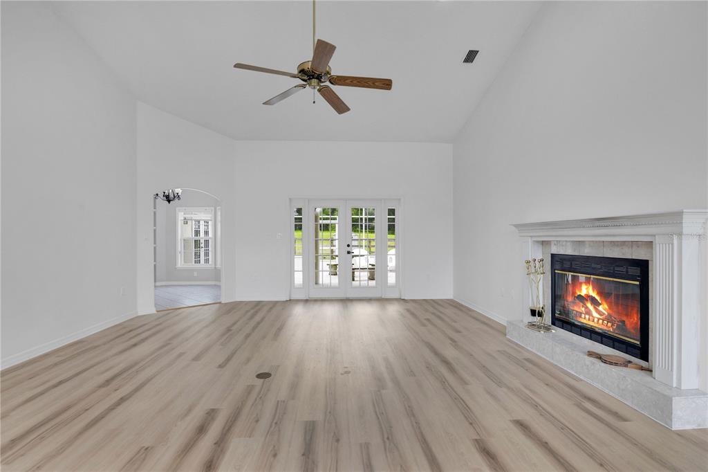 A living room features light wood-look flooring, a fireplace, a ceiling fan, and glass doors — 22841 STALLION DRIVE, SORRENTO, FL