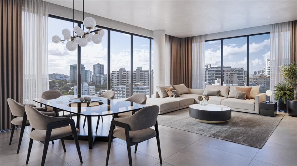 This rendering shows a modern open-concept living and dining area with floor-to-ceiling city views — The Icon 1120 ASHFORD AVE UNIT 1202, SAN JUAN, PR