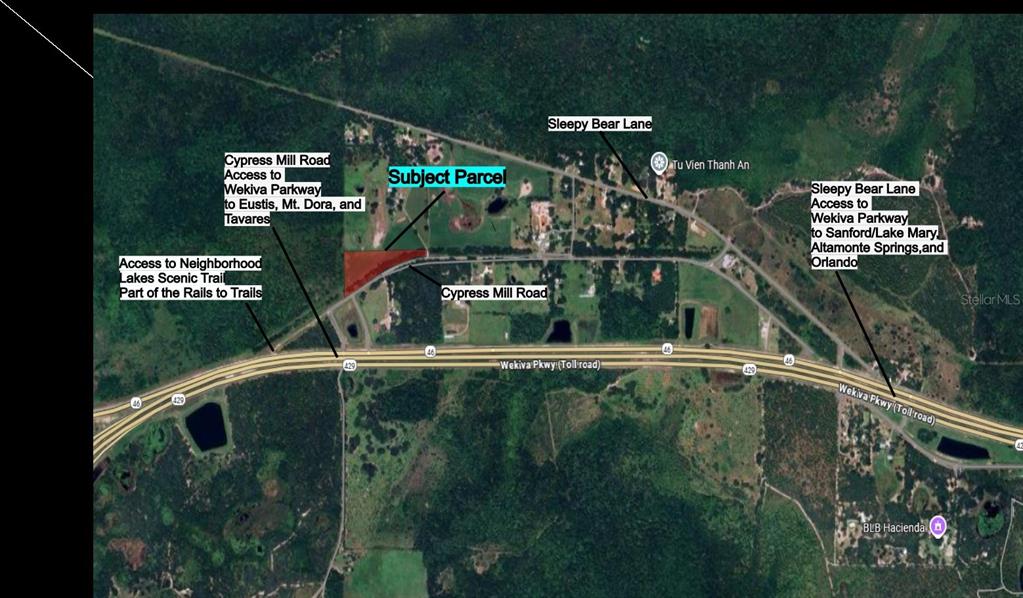 An aerial map shows a highlighted subject parcel located near Wekiva Parkway and Cypress Mill Road — CYPRESS MILL ROAD, SORRENTO, FL