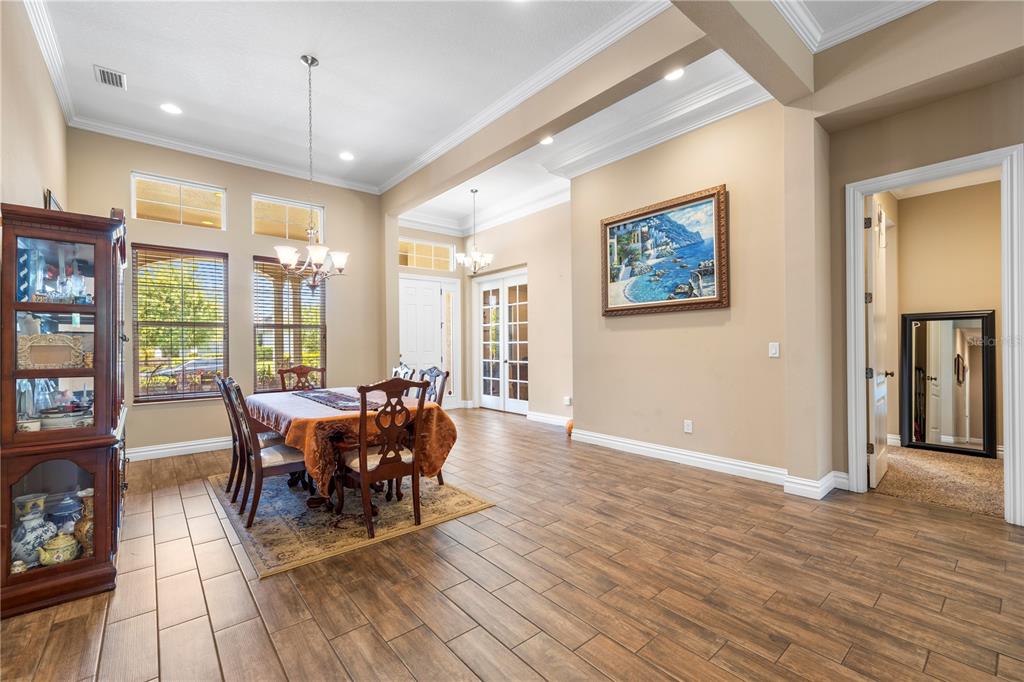 A dining room with wood-look tile floors, a chandelier, and a large framed wall painting — 16726 COURTYARD LOOP, LAND O LAKES, FL
