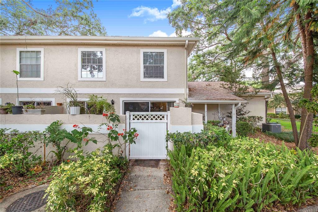 A two-story townhouse exterior features a white gate, a concrete walkway, and lush landscaping — 11857 NORTHTRAIL AVENUE, TEMPLE TERRACE, FL