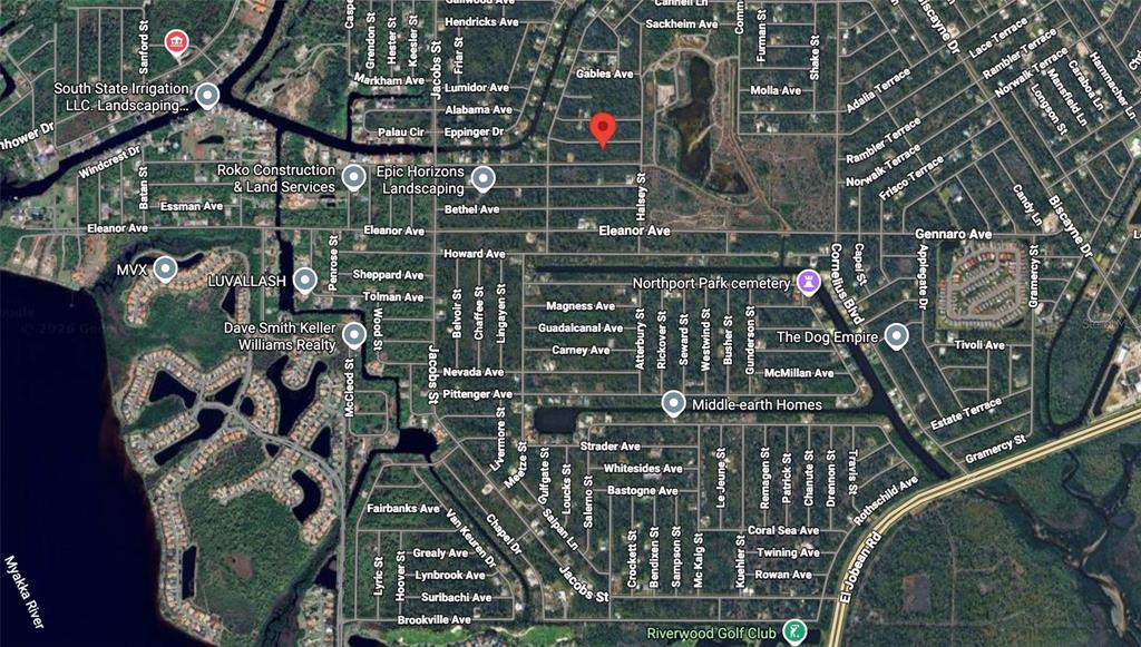 This is a satellite map view of a residential neighborhood in North Port, Florida — 14215 CAMERON AVENUE, PORT CHARLOTTE, FL