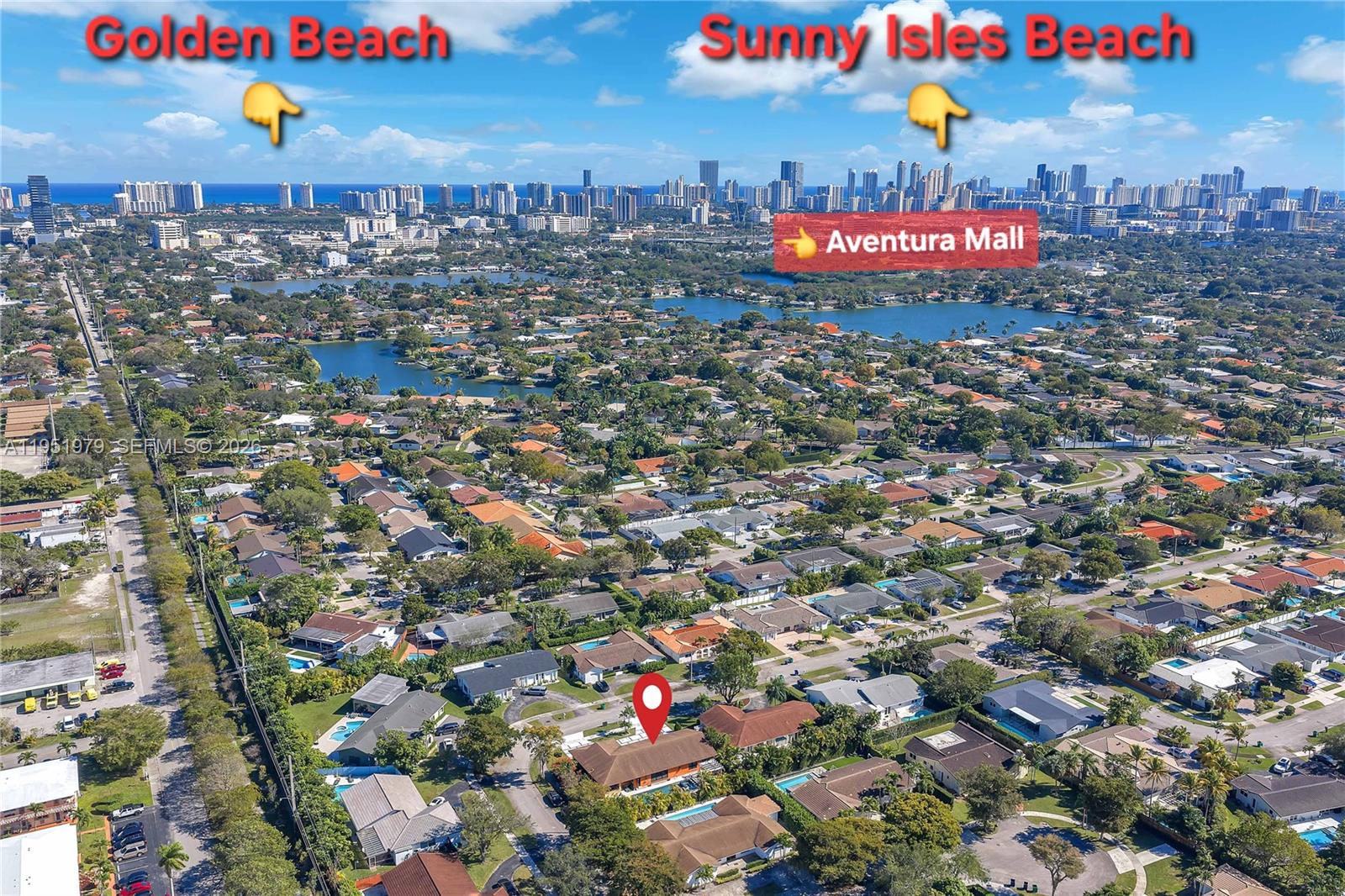 This is an aerial view of a residential neighborhood with a marked house — 21424 NE 19th Ct, Miami FL 33179, MIAMI, FL