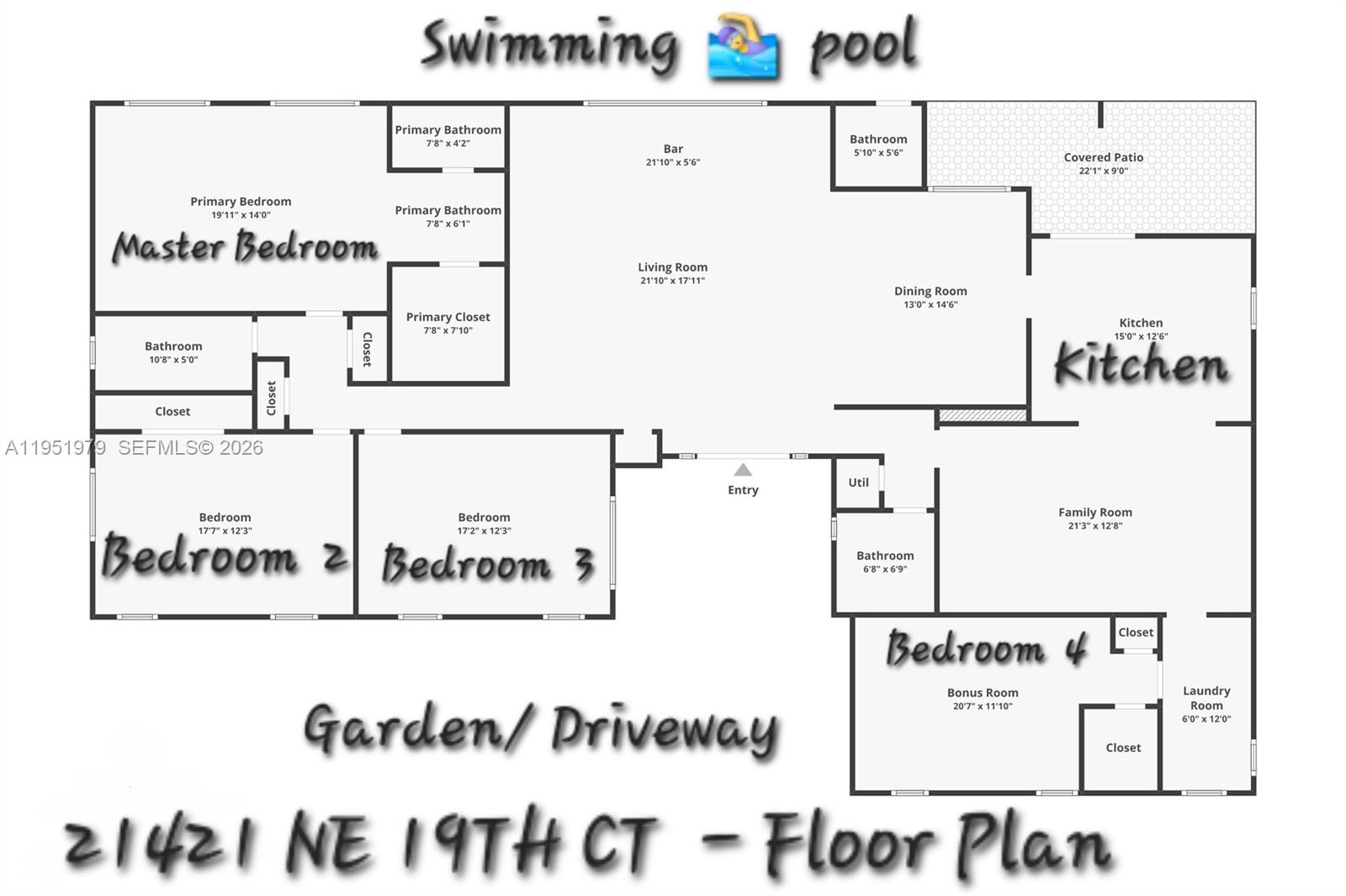 This is a floor plan showing the layout of a house with four bedrooms and a pool — 21424 NE 19th Ct, Miami FL 33179, MIAMI, FL
