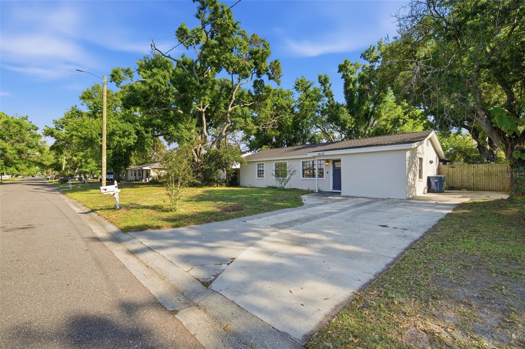 A single-story house with a concrete driveway and large trees in the front yard — 4110 W LEILA AVENUE, TAMPA, FL