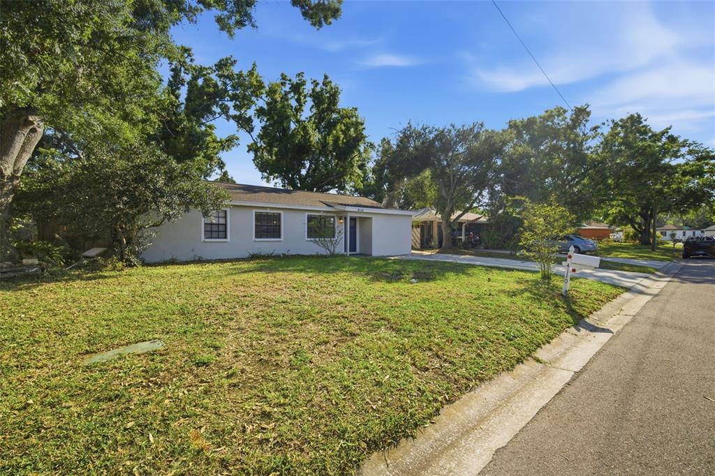 A single-story house with a light-colored exterior and a front lawn sits along a street — 4110 W LEILA AVENUE, TAMPA, FL