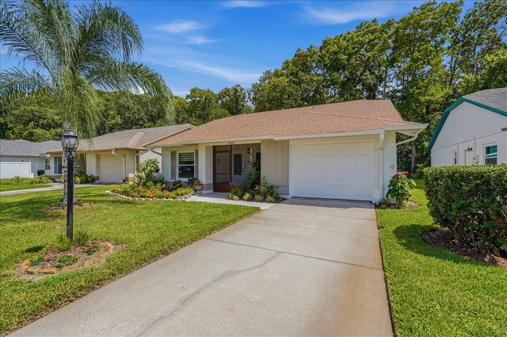 A single-story house with a white garage, a brown roof, and a front lawn — 11602 WHITE ASH DRIVE, NEW PORT RICHEY, FL