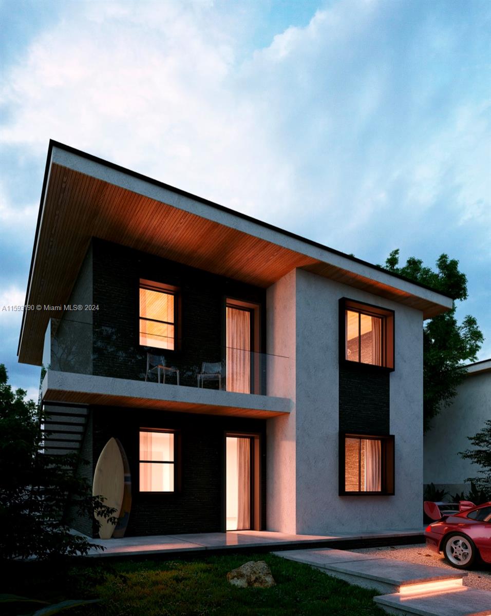 This is a rendering of a modern two-story house with a balcony and a car — 6 Nw Ave, Hallandale Beach FL 33009, HALLANDALE BEACH, FL
