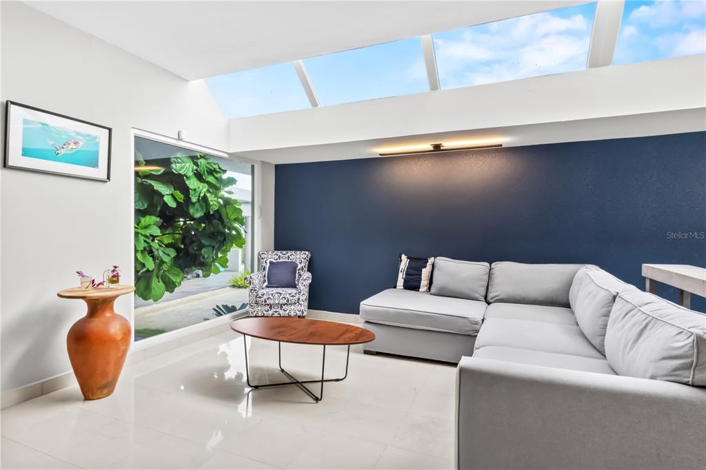 A living room features a large skylight, a dark blue accent wall, and a gray sectional — 236 REY FERNANDO, GUAYNABO, PR
