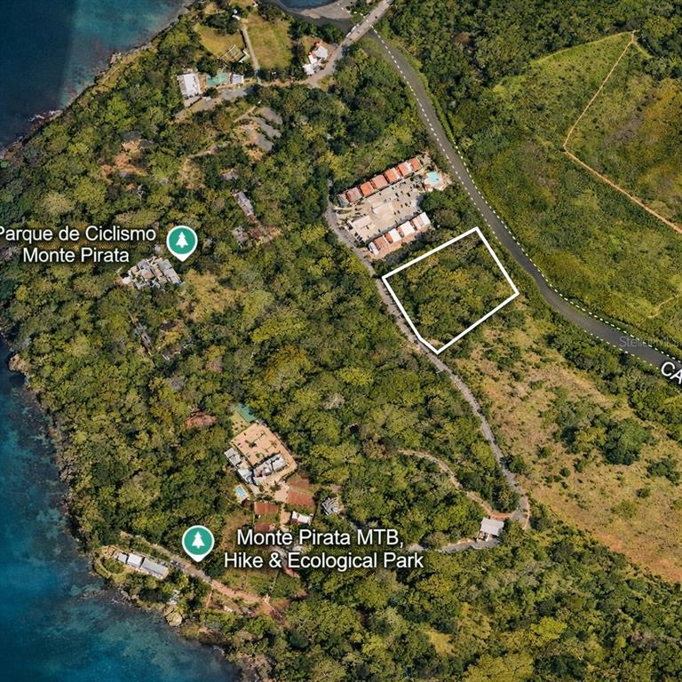 An aerial view shows a rectangular plot of land outlined in white near a road — 102 KM 8.2, GUANAJIBO WARD ROAD UNIT C-3, CABO ROJO, PR