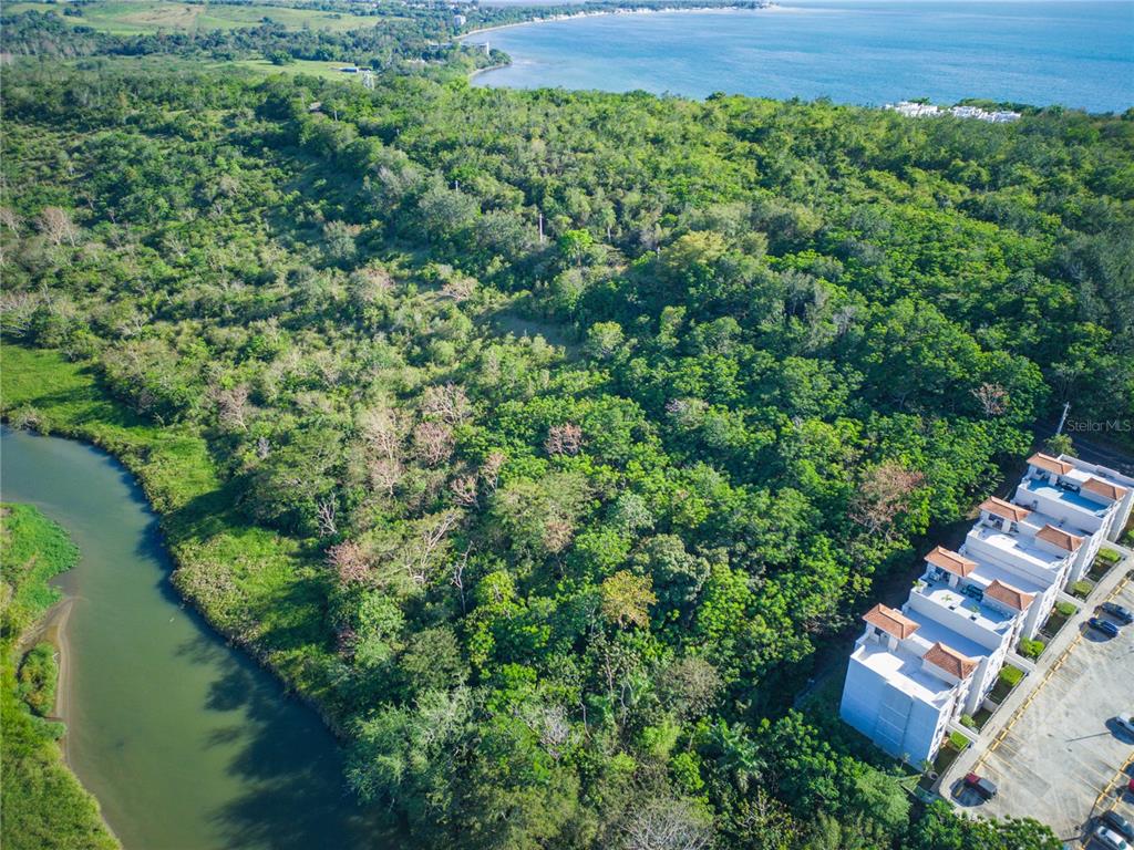 An aerial view shows a wooded lot located between a river and a residential complex — 102 KM 8.2, GUANAJIBO WARD ROAD UNIT C-3, CABO ROJO, PR