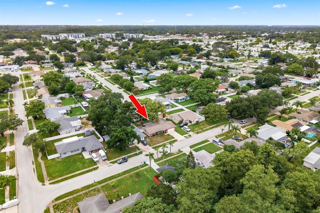 An aerial view shows a residential neighborhood with a red arrow pointing to a house — 3229 SPANISH MOSS LANE, PALM HARBOR, FL