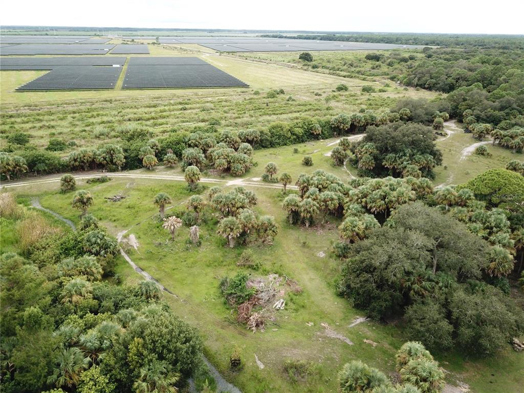 An aerial view shows a grassy field with scattered palm trees and a large solar farm — 3945 COUNTY ROAD 833, CLEWISTON, FL