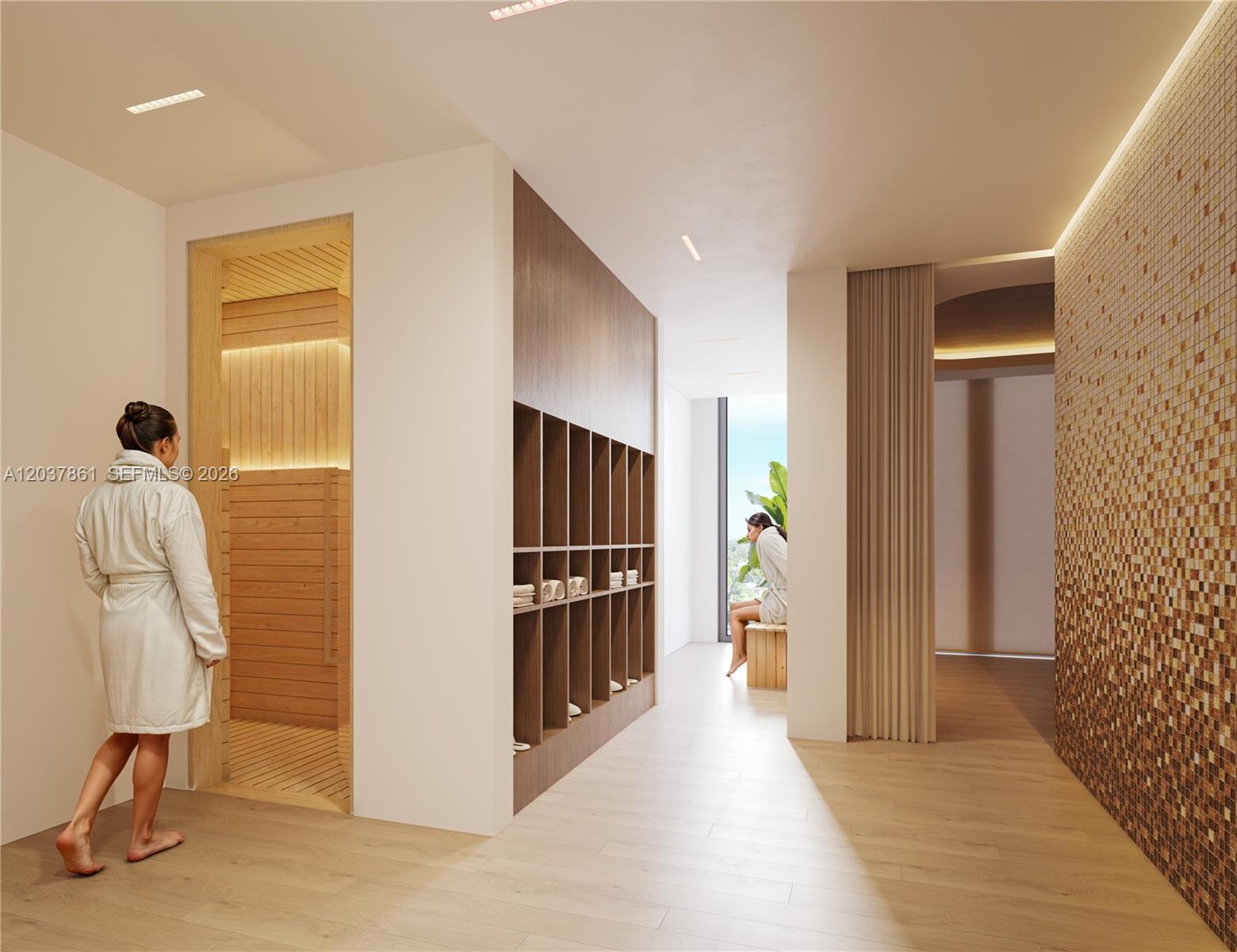 This rendering shows a spa area with a sauna, wooden lockers, and a tiled wall — 2557 NE 190th St # 602, Miami FL 33180, MIAMI, FL