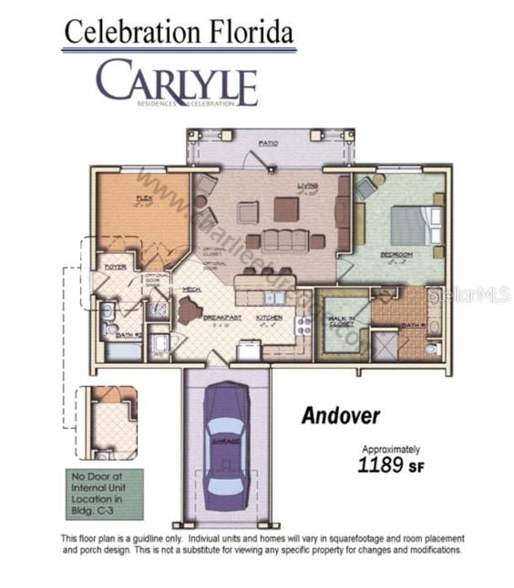 This floor plan shows the layout of a one-bedroom residence with a garage and patio — 619 FRONT STREET UNIT 3104, CELEBRATION, FL