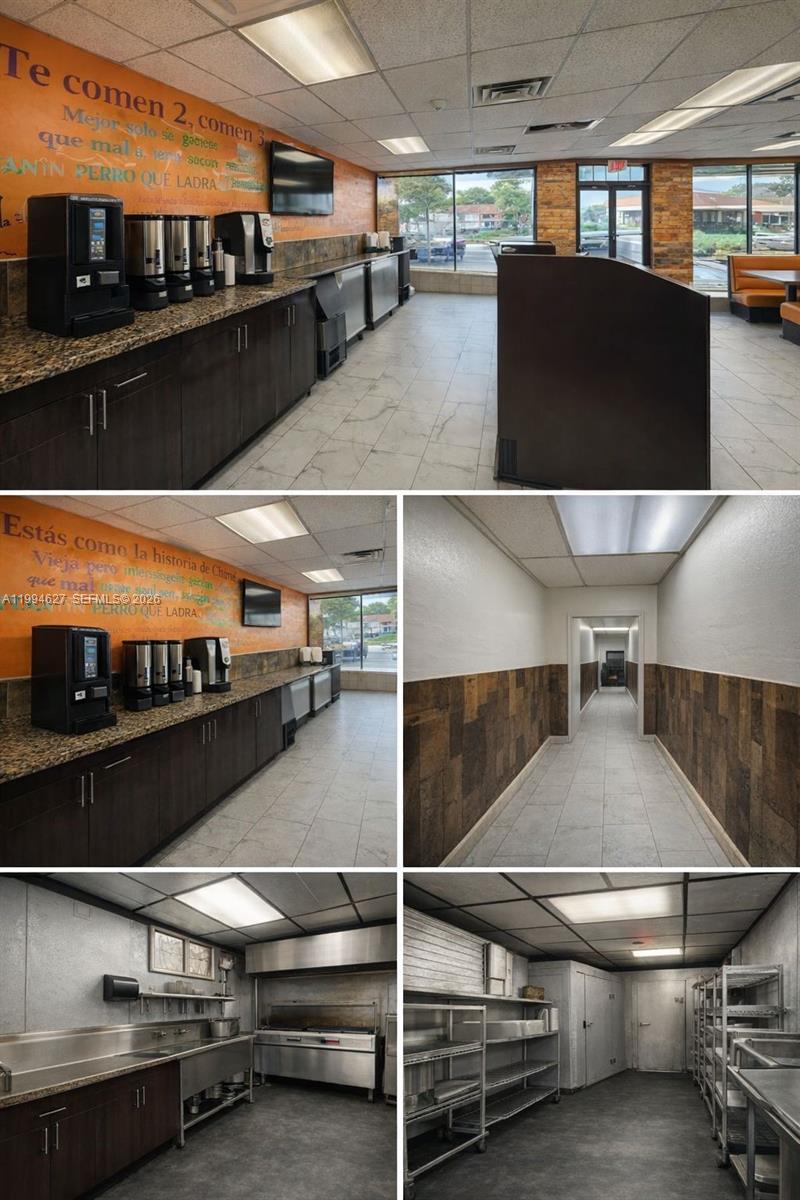 This collage shows the interior of a commercial restaurant space with kitchen and service areas — 11454 Quail Roost DR, Miami FL 33157, MIAMI, FL