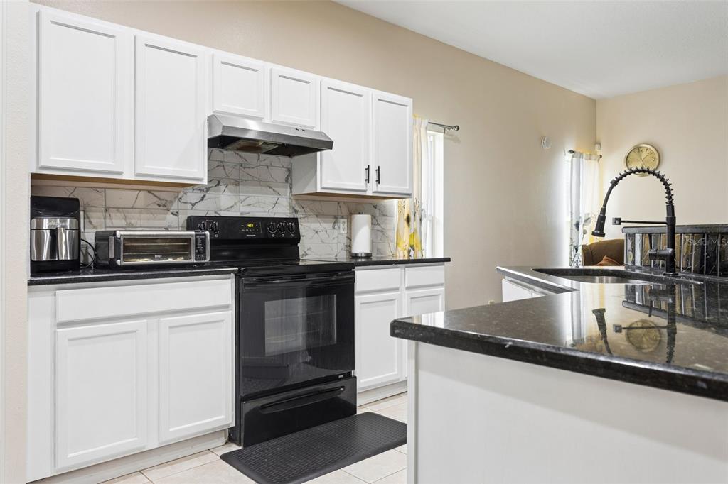 A kitchen features white cabinets, black appliances, a marble-patterned backsplash, and a dark granite countertop — 2925 BANYAN HILL LANE, LAND O LAKES, FL